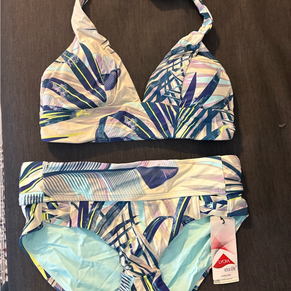 Calia 3 piece  Women's Bikini with Blue and Green Leaf Design